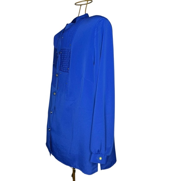 Vintage Regal Royal Blue Button Up Sheer Blouse - Gold Accents / Buttons - Sz L - Picture 2 of 9